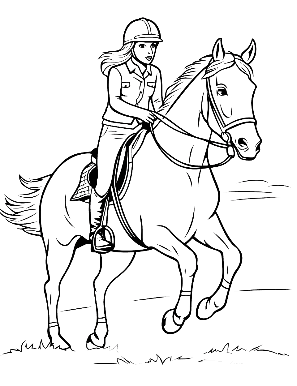 Jumping Horse and Rider Coloring Page - An athletic horse and its rider soaring over a jump in an equestrian competition.