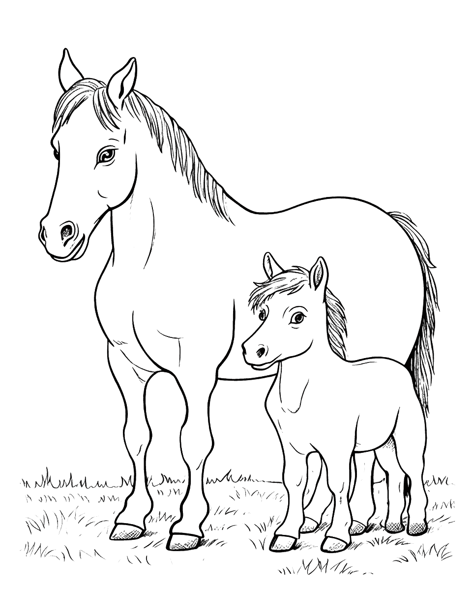Adorable Baby Horse and Mom Coloring Page - A baby horse (foal) and her mother standing together in the field.
