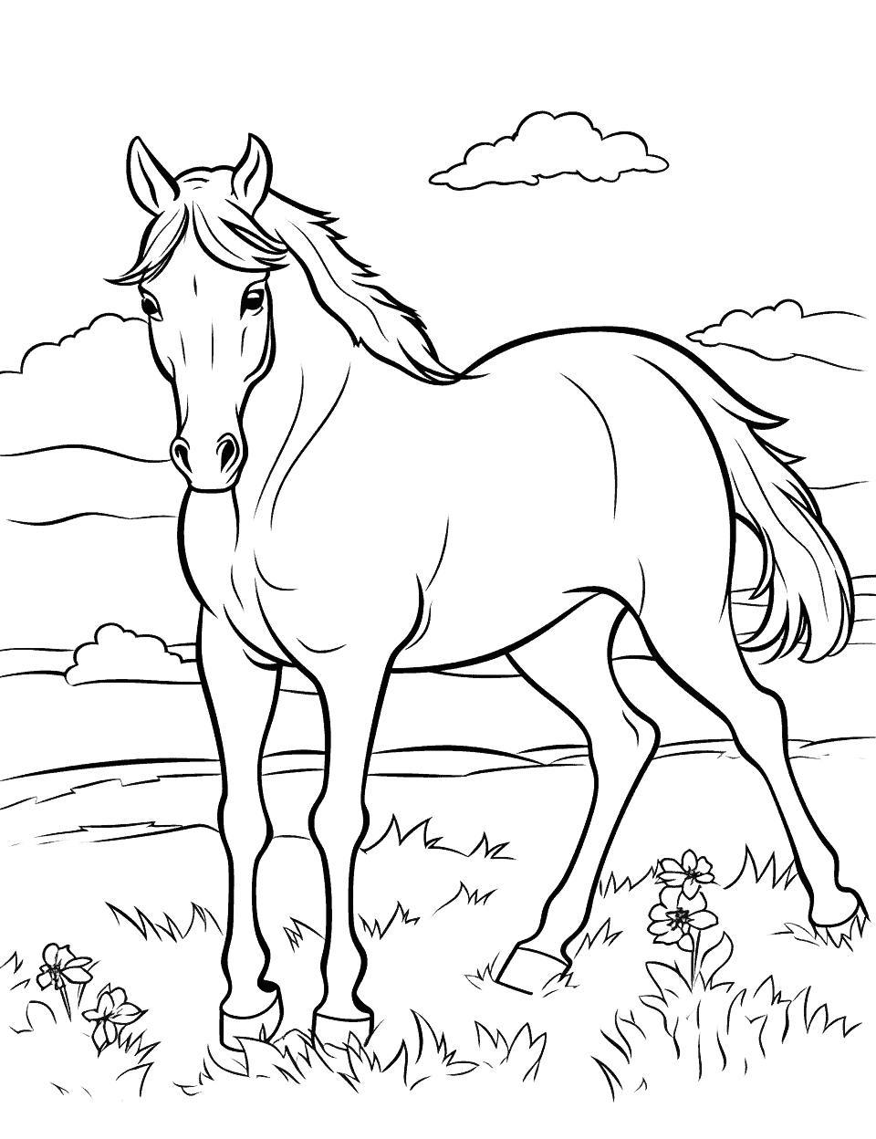Paint Horse in the Pasture Coloring Page - A Paint horse enjoying a sunny day in the pasture.