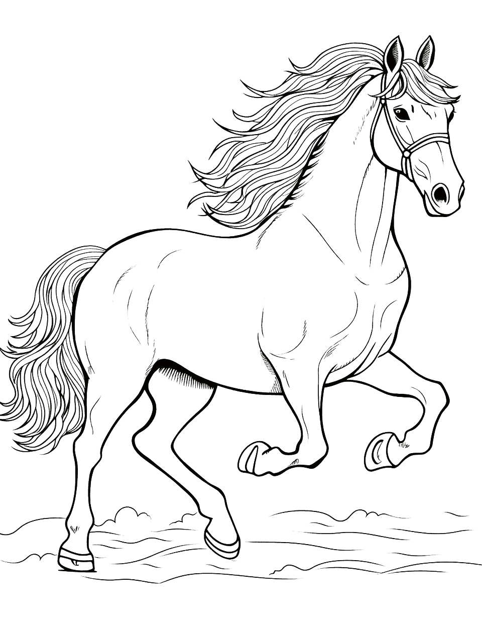 Friesian Horse Majesty Coloring Page - A majestic Friesian horse trotting with its flowing mane and tail.