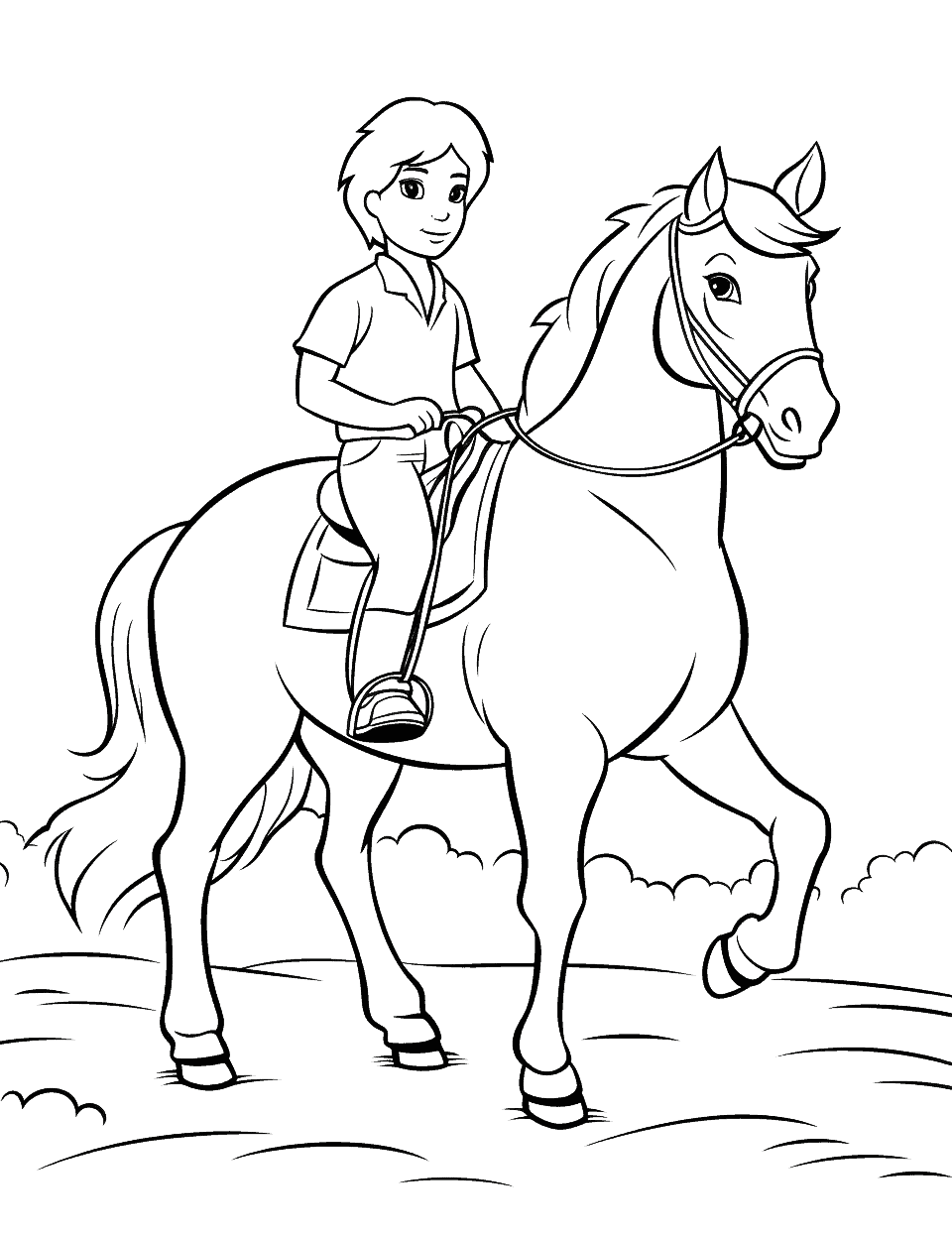 Horse Riding Lesson Coloring Page - A young rider learning to ride with a patient, gentle horse.