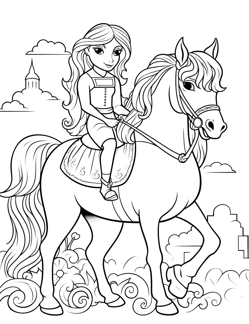 Princess on Unicorn Coloring Page - A fairy tale scene with a princess riding a unicorn across a rainbow.