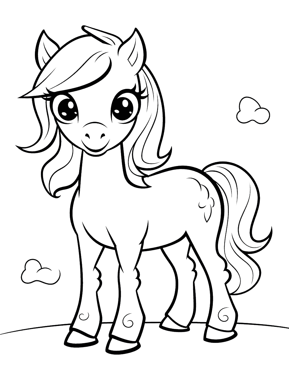 Kawaii Pony Horse Coloring Page - A super cute, kawaii-style pony with big sparkling eyes.