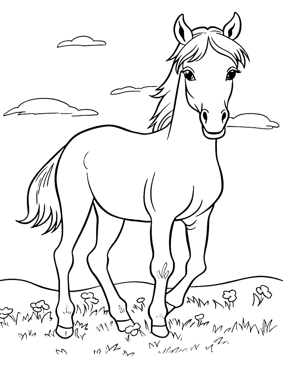 Cute Baby Foal Coloring Page - A cute and easy-to-color picture of a baby foal playing in a field.