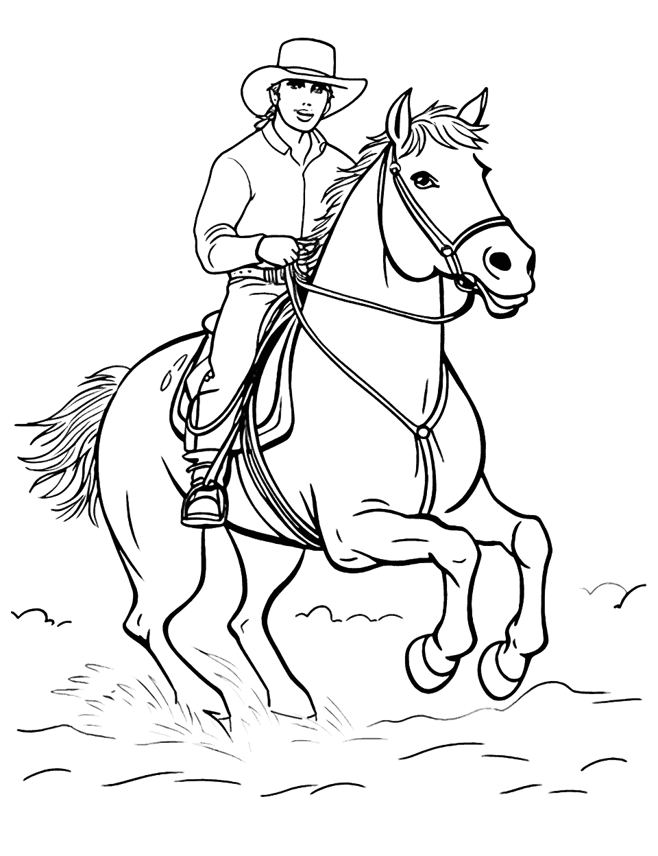 Rodeo Roundup Coloring Page - A rodeo scene with a cowboy skillfully riding a bucking bronco.