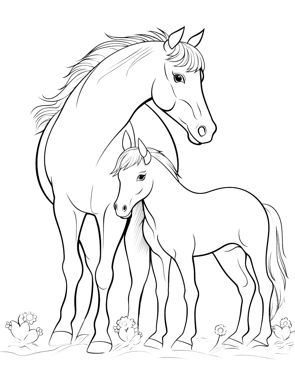 Cute Foal and Mother Coloring Page - A cute scene of a foal nuzzling its mother.