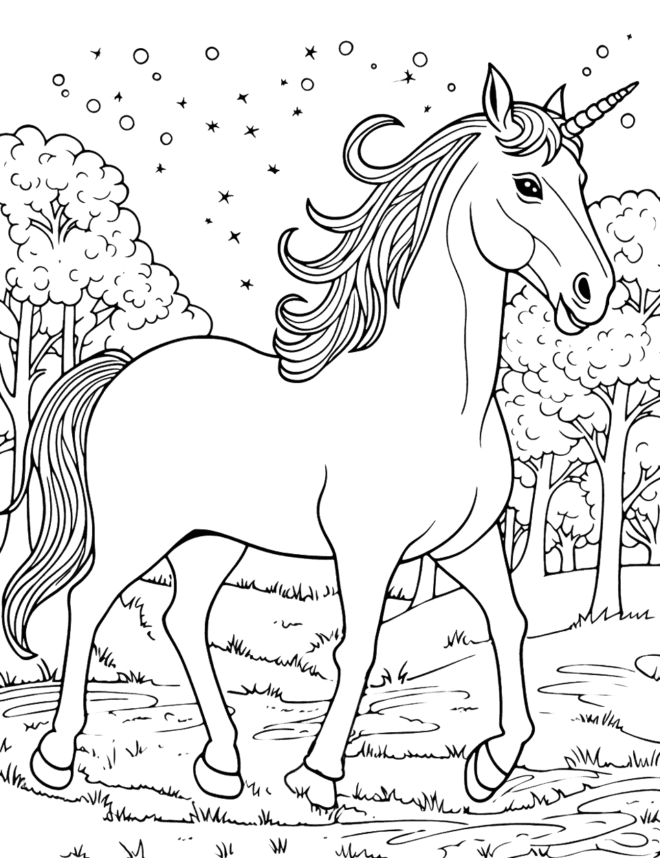 Unicorn in a Magical Forest Coloring Page - A unicorn prancing through a magical forest with twinkling stars above.