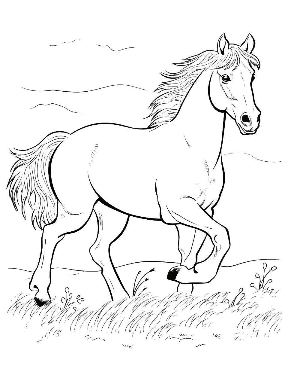 Mustang in the Wild Horse Coloring Page - A dynamic scene of a wild Mustang horse running in a desert landscape.