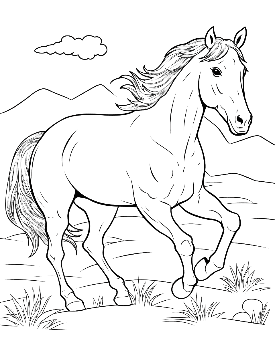 Full Page Detailed Horse Coloring - A full-page, detailed drawing of a horse, perfect for kids who love to color.