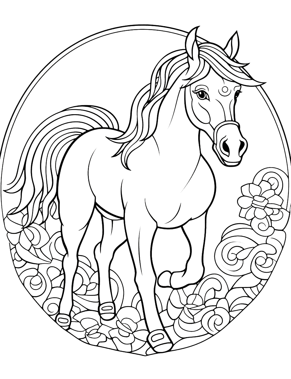 Horse Mandala Design Coloring Page - A complex horse-themed mandala design for older kids.