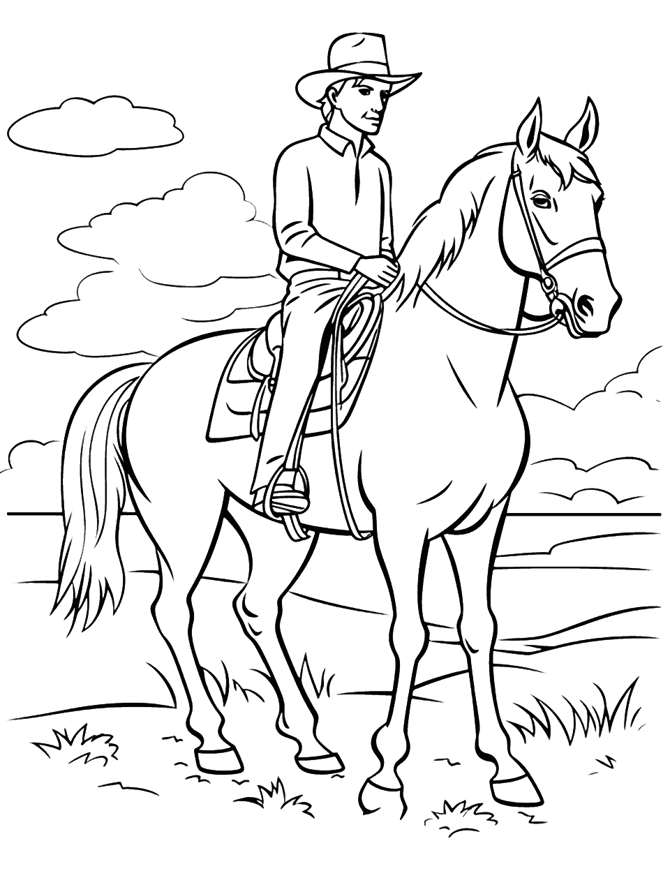 Western Horse and Cowboy Coloring Page - A cowboy riding his trusty horse in a western sunset scene.