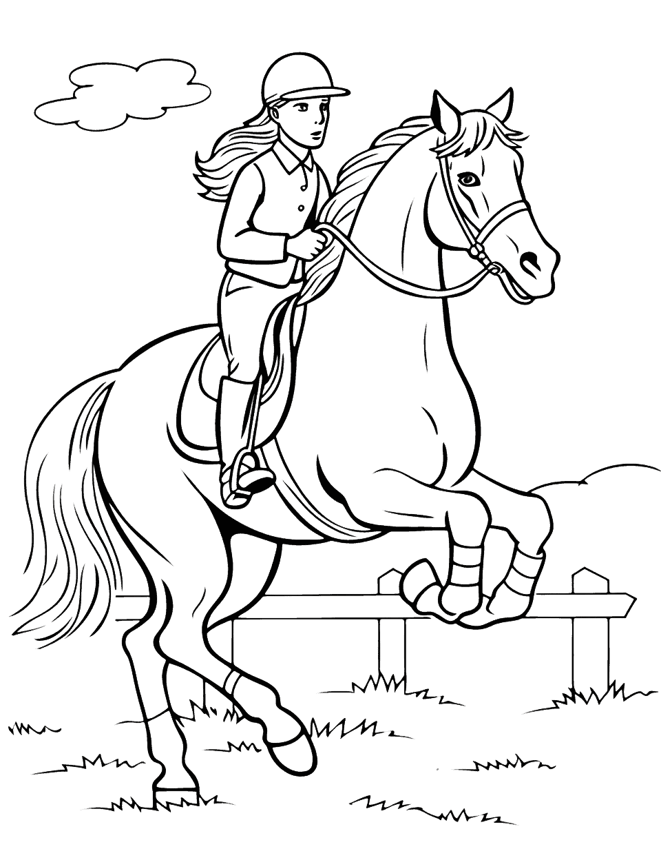 Horse Jumping Show Coloring Page - A horse and rider team in mid-jump at a show jumping event.