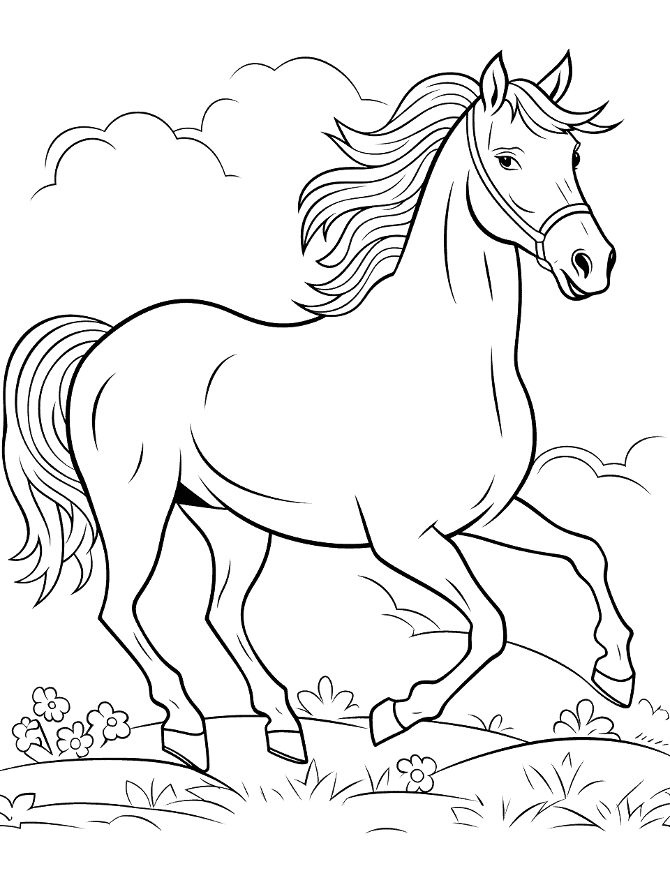 Stunning Paint Horse Coloring Page - A stunning Paint horse trotting across a meadow.
