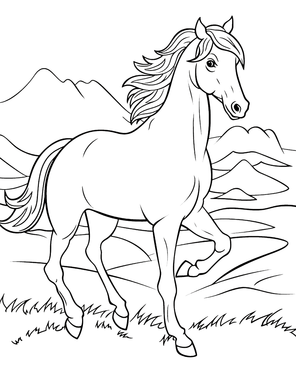 Wild Horse Freedom Coloring Page - A wild Mustang horse galloping freely across a beautiful landscape.