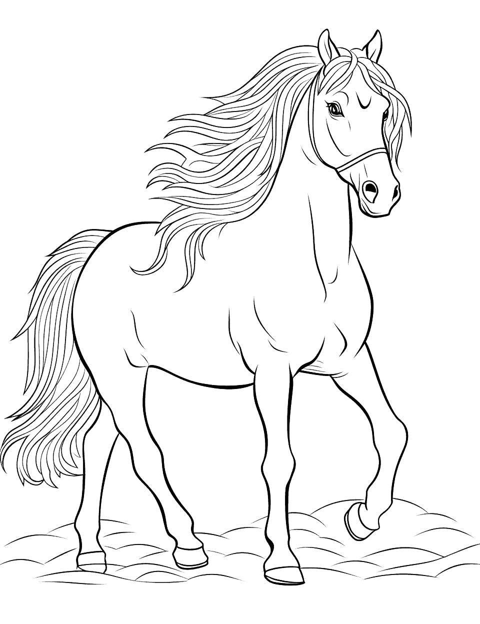 Graceful Friesian Horse Coloring Page - A graceful Friesian horse, its long mane and tail flowing in the wind.