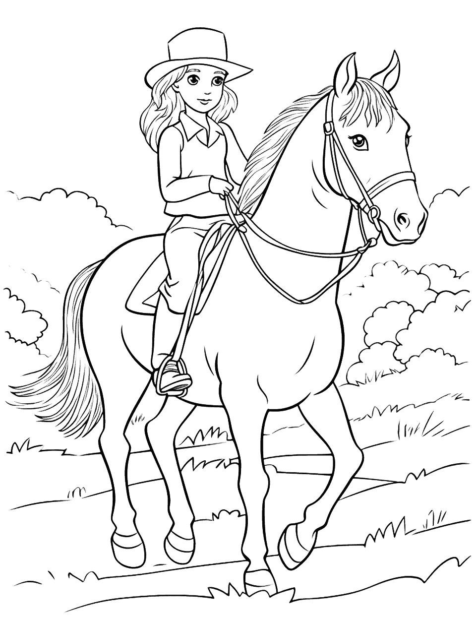 Rider on the Trail Horse Coloring Page - A rider and her horse enjoying the great outdoors.