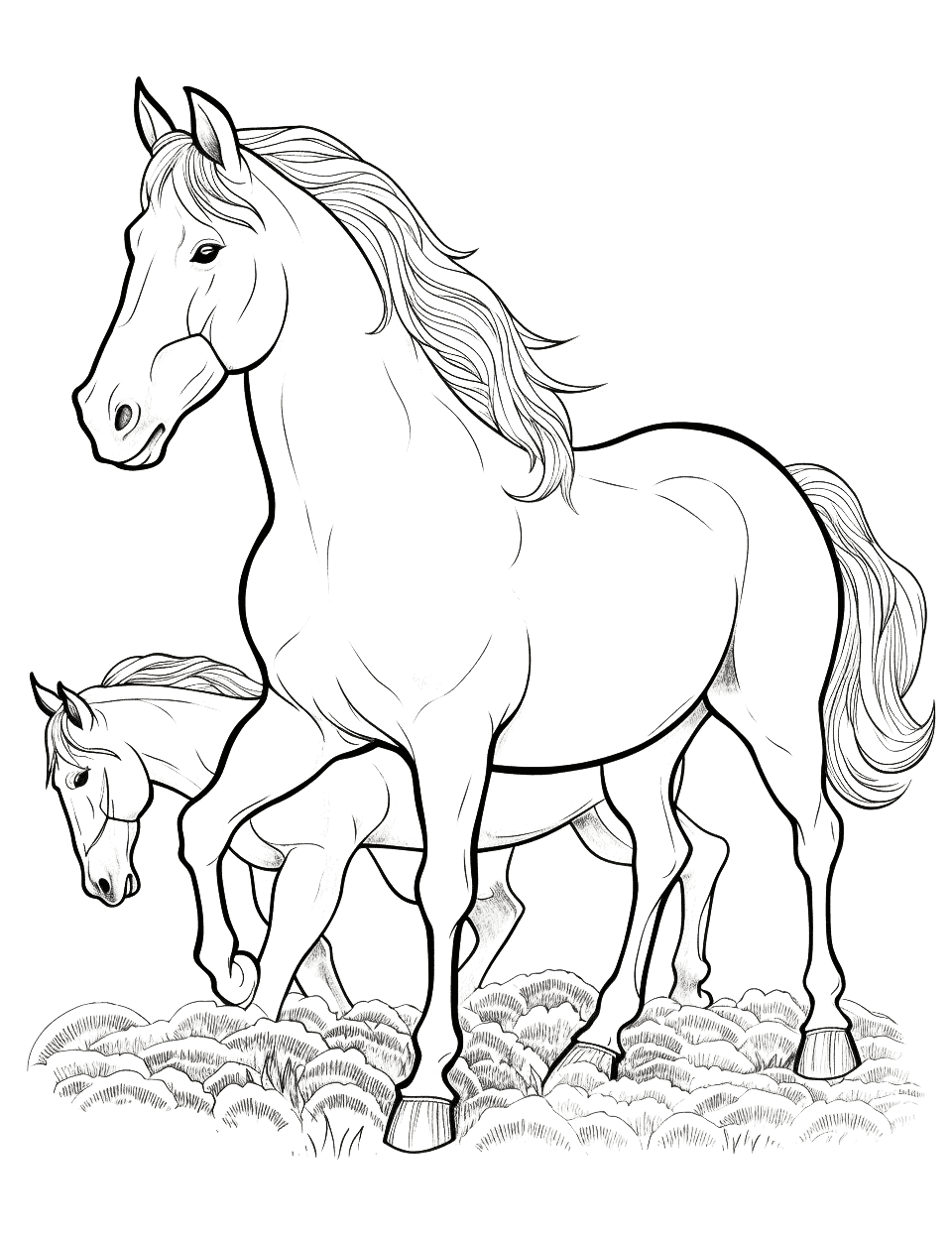 Breyer Horse Fantasy Coloring Page - Two Breyer model horses in a fantasy pasture, playing together.