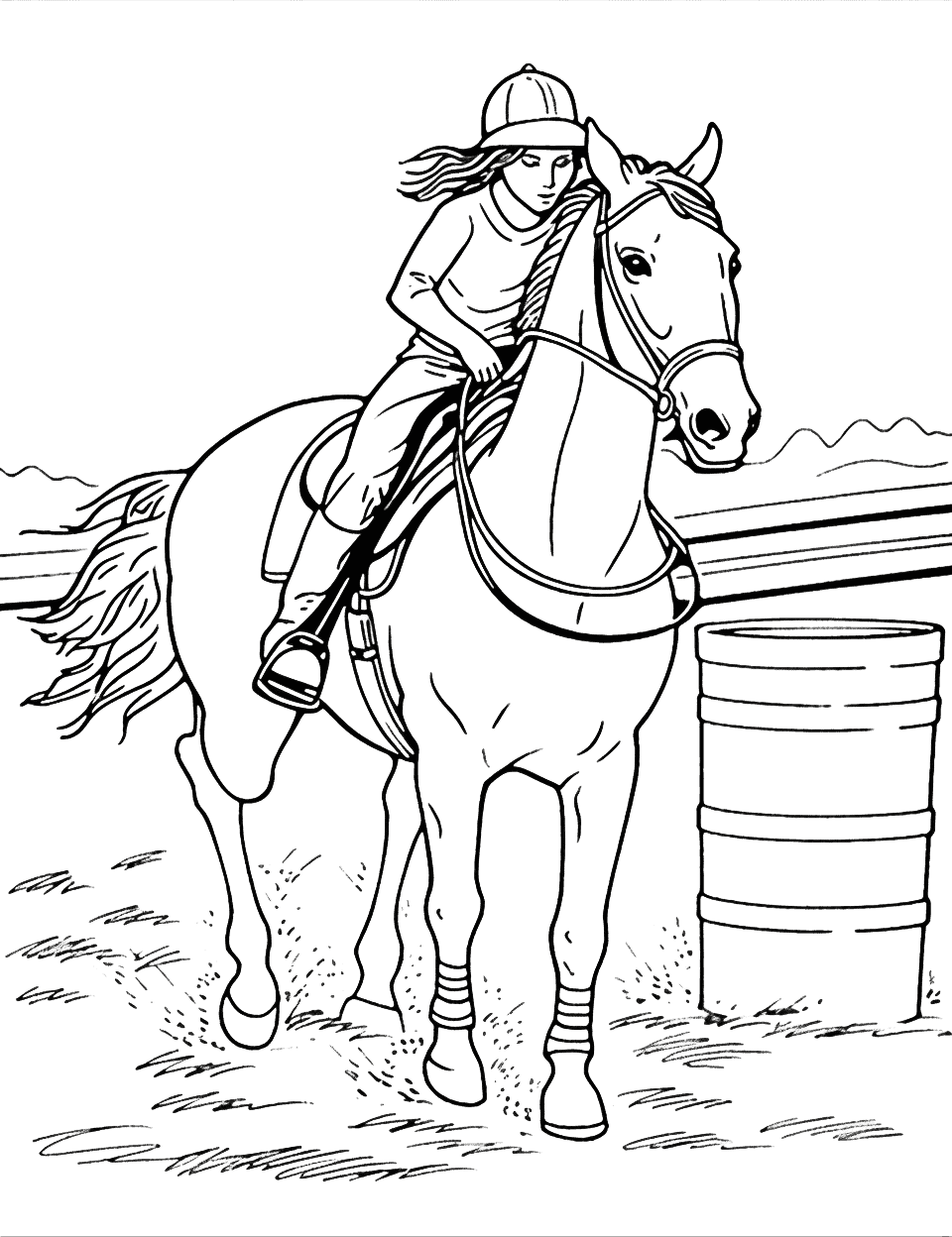 Rodeo Barrel Racing Horse Coloring Page - A high-energy rodeo scene featuring a horse and rider team in a barrel racing event.