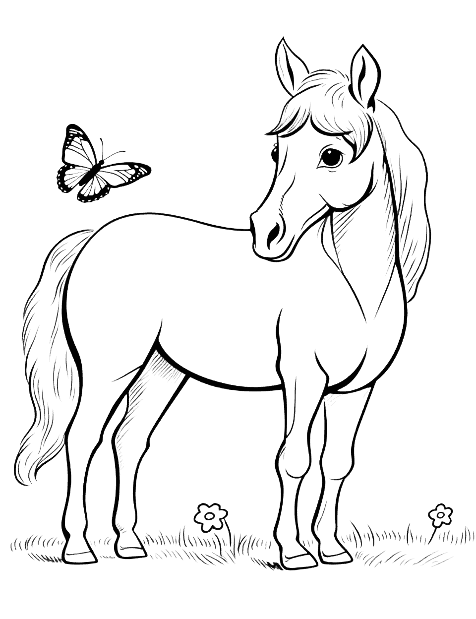 Cute Foal and Butterfly Coloring Page - A cute foal curiously looking at a butterfly flying through the air.