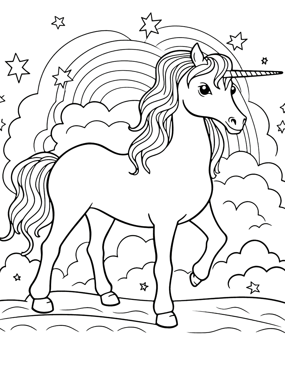 Unicorn Under a Rainbow Coloring Page - A magical unicorn standing under a rainbow in a mystical land.