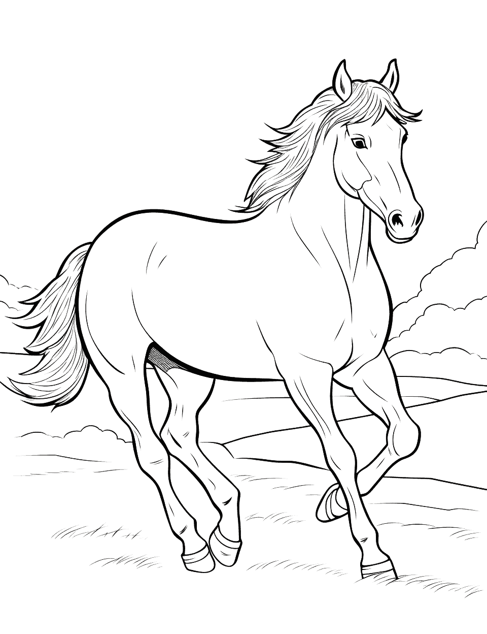 Mustang Running Free Coloring Page - A wild Mustang horse running free across the open plains.