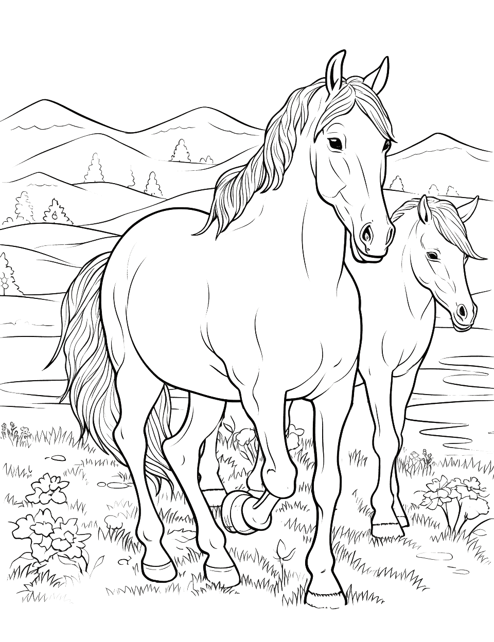 Full Page Horse Family Coloring - A full-page image of a horse family – stallion and mare – in their natural habitat.