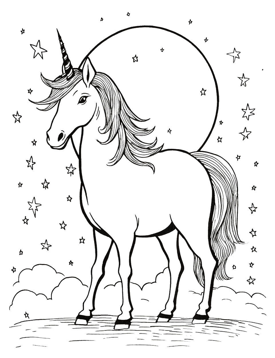 Unicorn in the Moonlight Horse Coloring Page - A mystical unicorn standing under the moonlight, surrounded by sparkling stars.