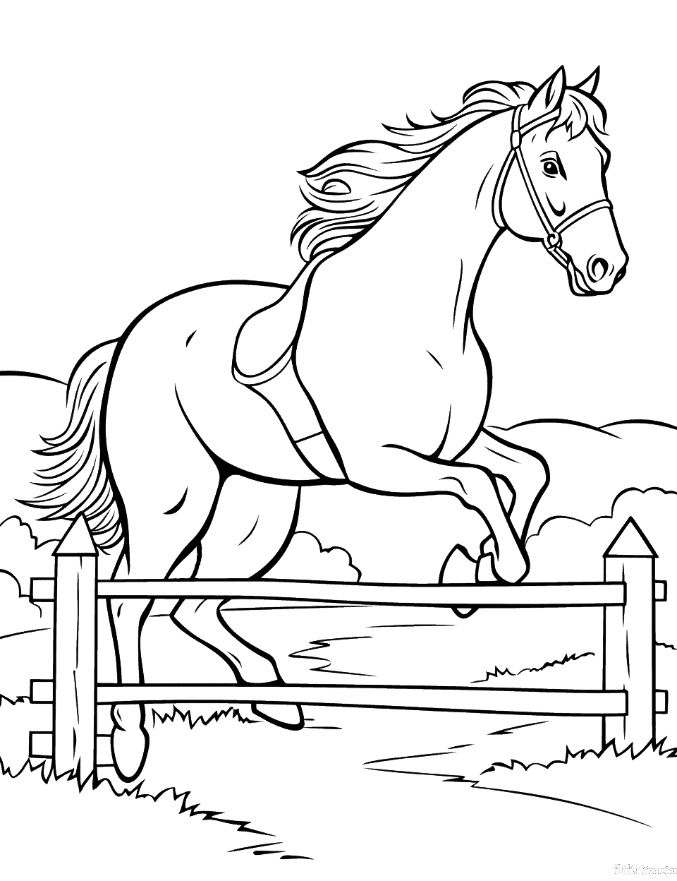 Horse Jumping Over a Hurdle Coloring Page - An equestrian scene featuring a horse and its rider jumping over a hurdle.