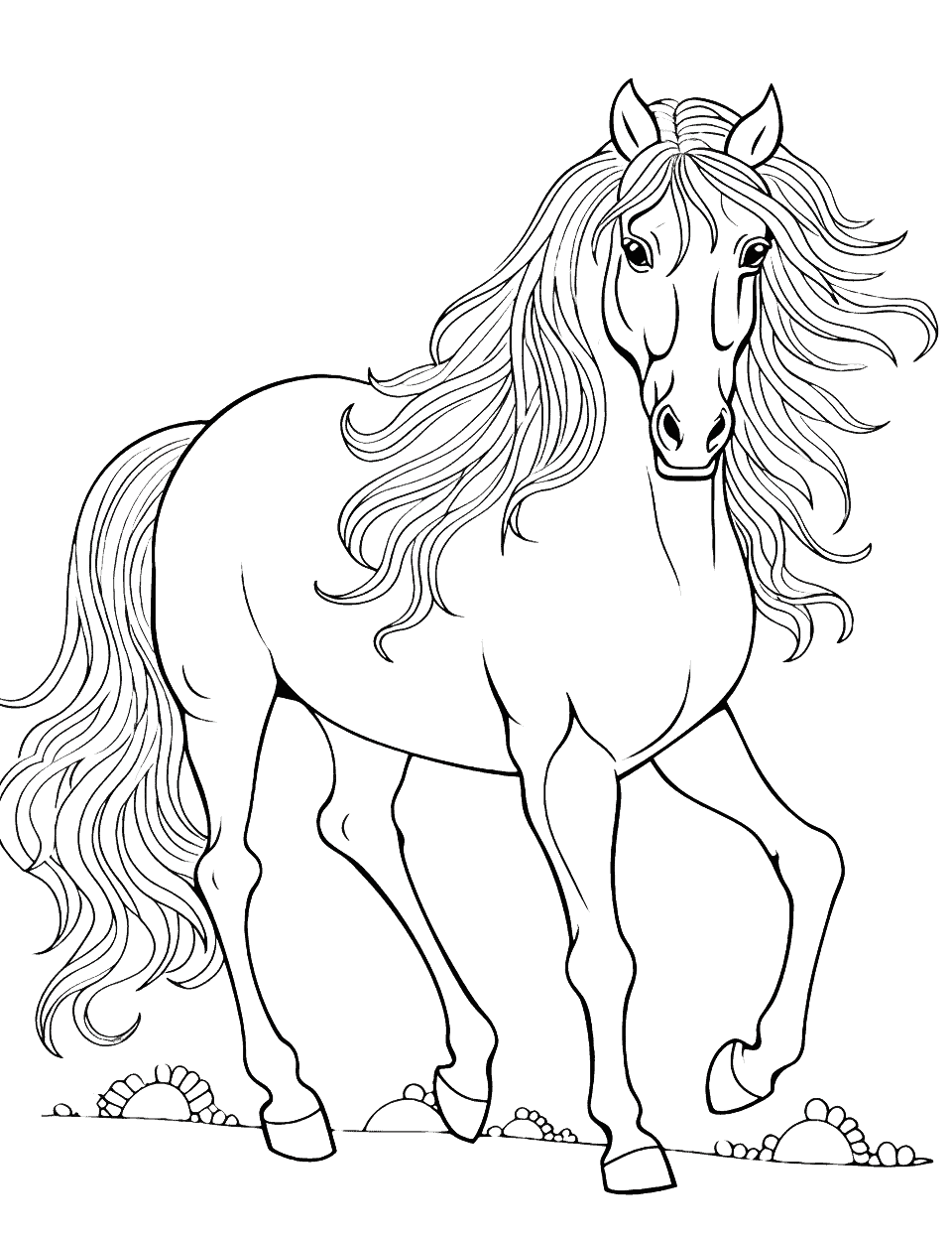 Majestic Friesian Horse Coloring Page - A Friesian horse with its impressive size and long, flowing mane and tail.