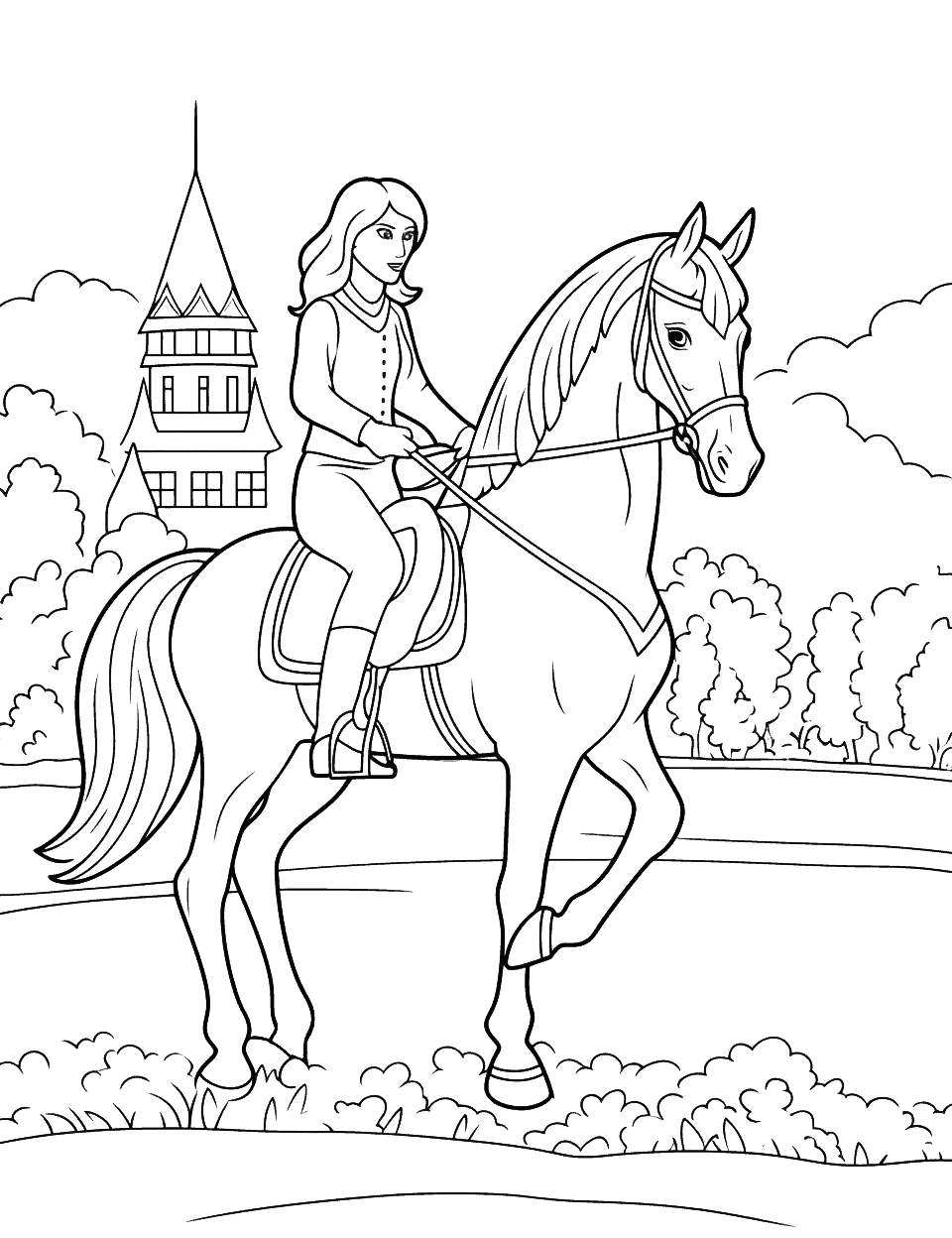 Princess Horse Riding Coloring Page - A princess riding her horse in the royal gardens.