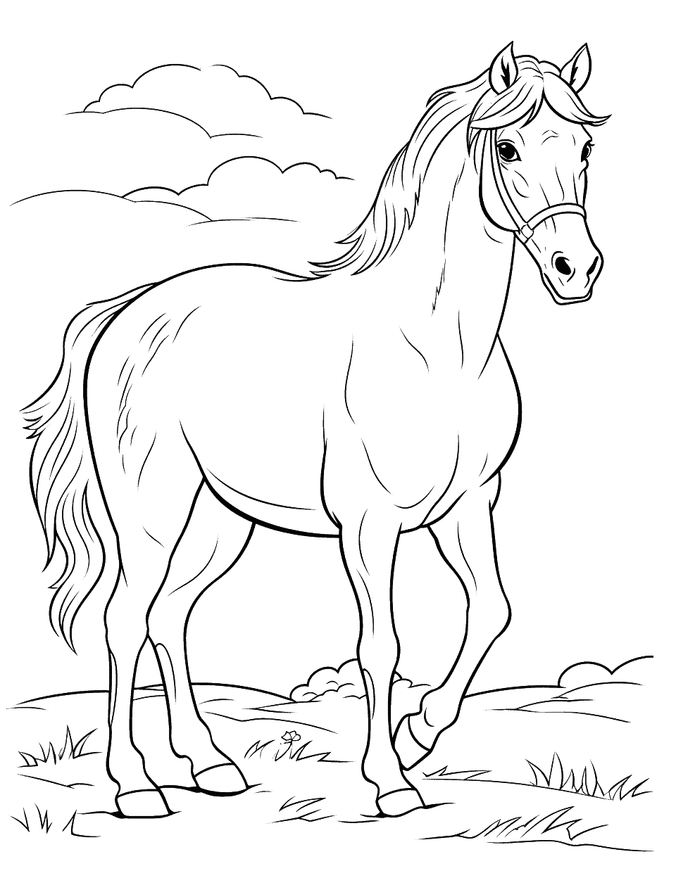 Easy Horse Sketch Coloring Page - An easy horse sketch for kids to color and learn the basics of drawing.