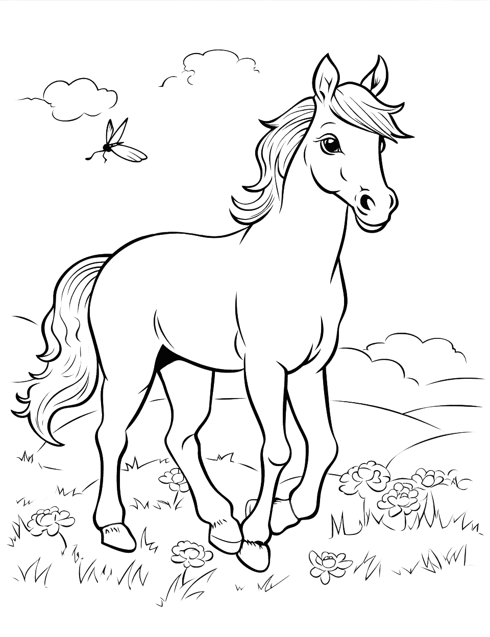 Cute Foal Playing Coloring Page - A cute foal playing with butterflies in a sunny meadow.