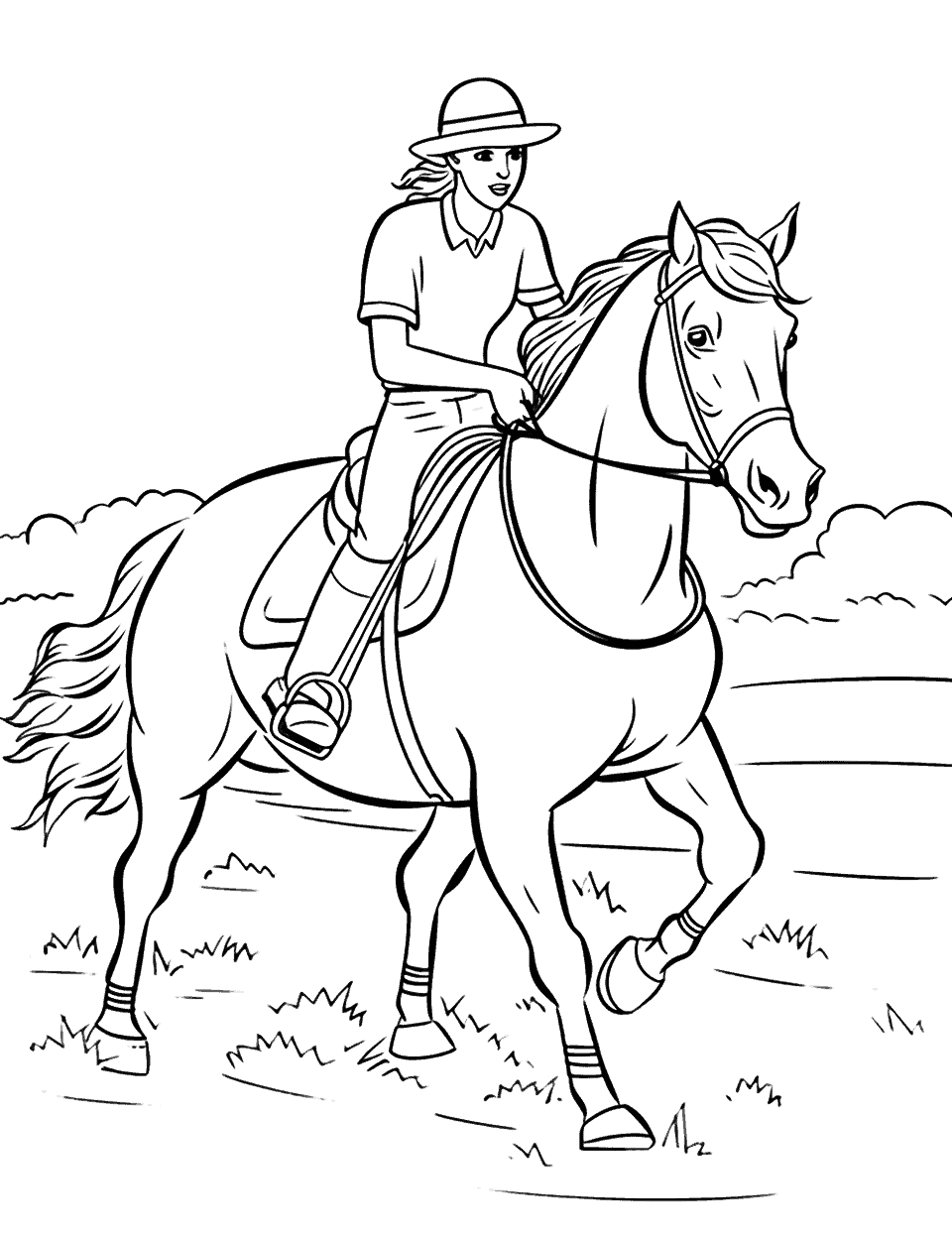 Barrel Racing Action Coloring Page - An exciting scene from a barrel racing competition with a rider skillfully guiding her horse.