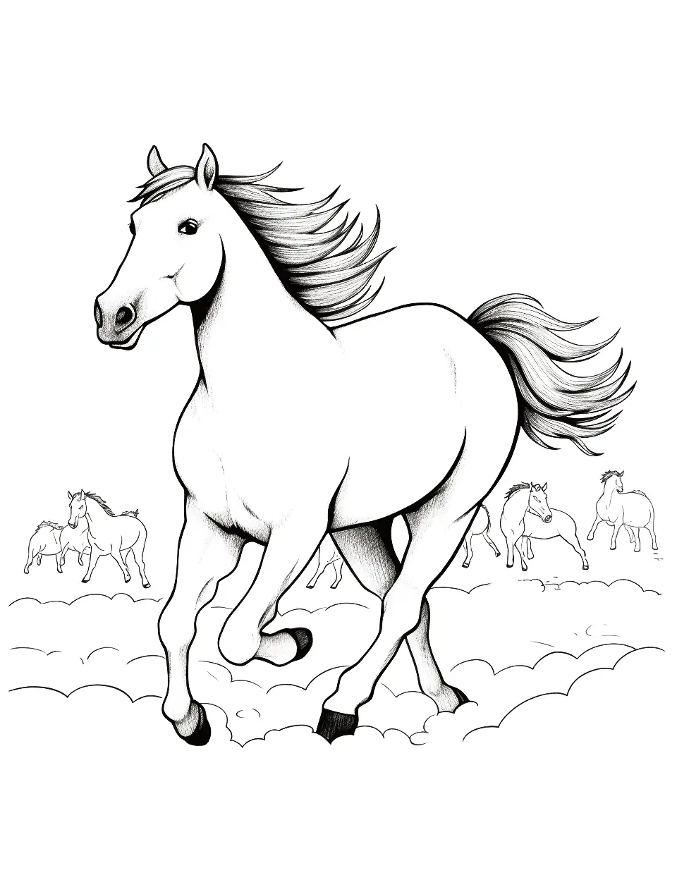 Running Mustang in the Wild Coloring Page - A wild Mustang horse running with a herd in the wild.
