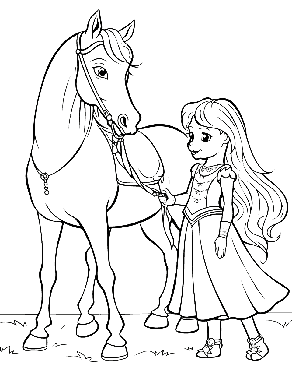 Pretty Princess and Her Pony Coloring Page - A beautiful princess grooming her favorite pony in the royal stables.