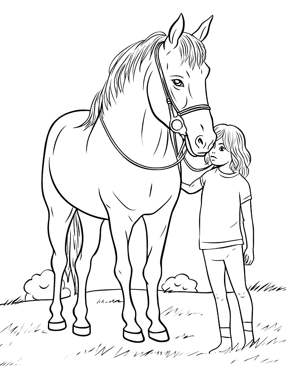 Girl and Her Best Friend Coloring Page - A girl and her horse sharing a moment of affection.