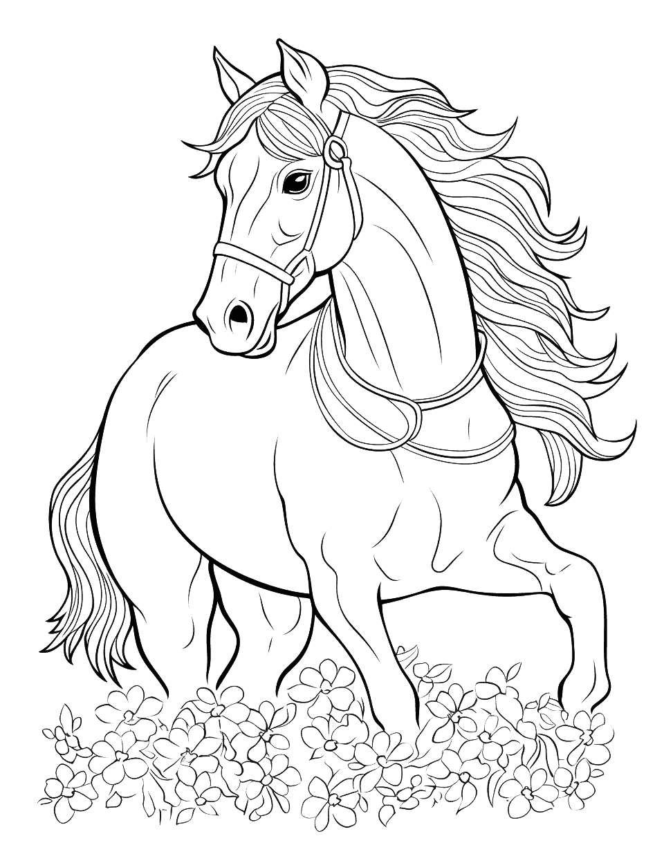 Full Page Wild Mustang Horse Coloring - A full-page, intricately drawn Mustang in its natural environment.