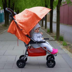 Baby sitting in an umbrella stroller