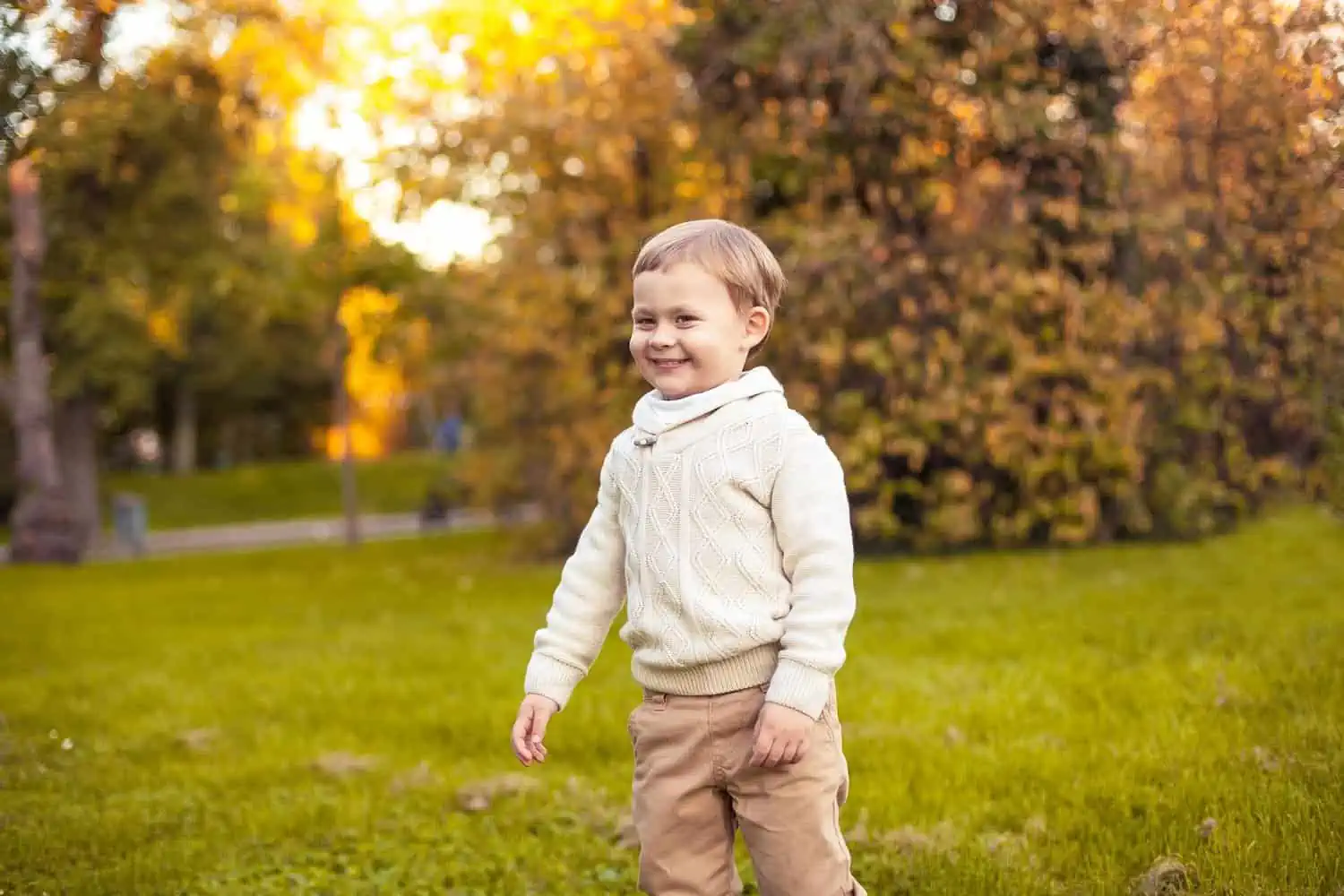 Cute little boy with mischievous smile walking in the autumn park