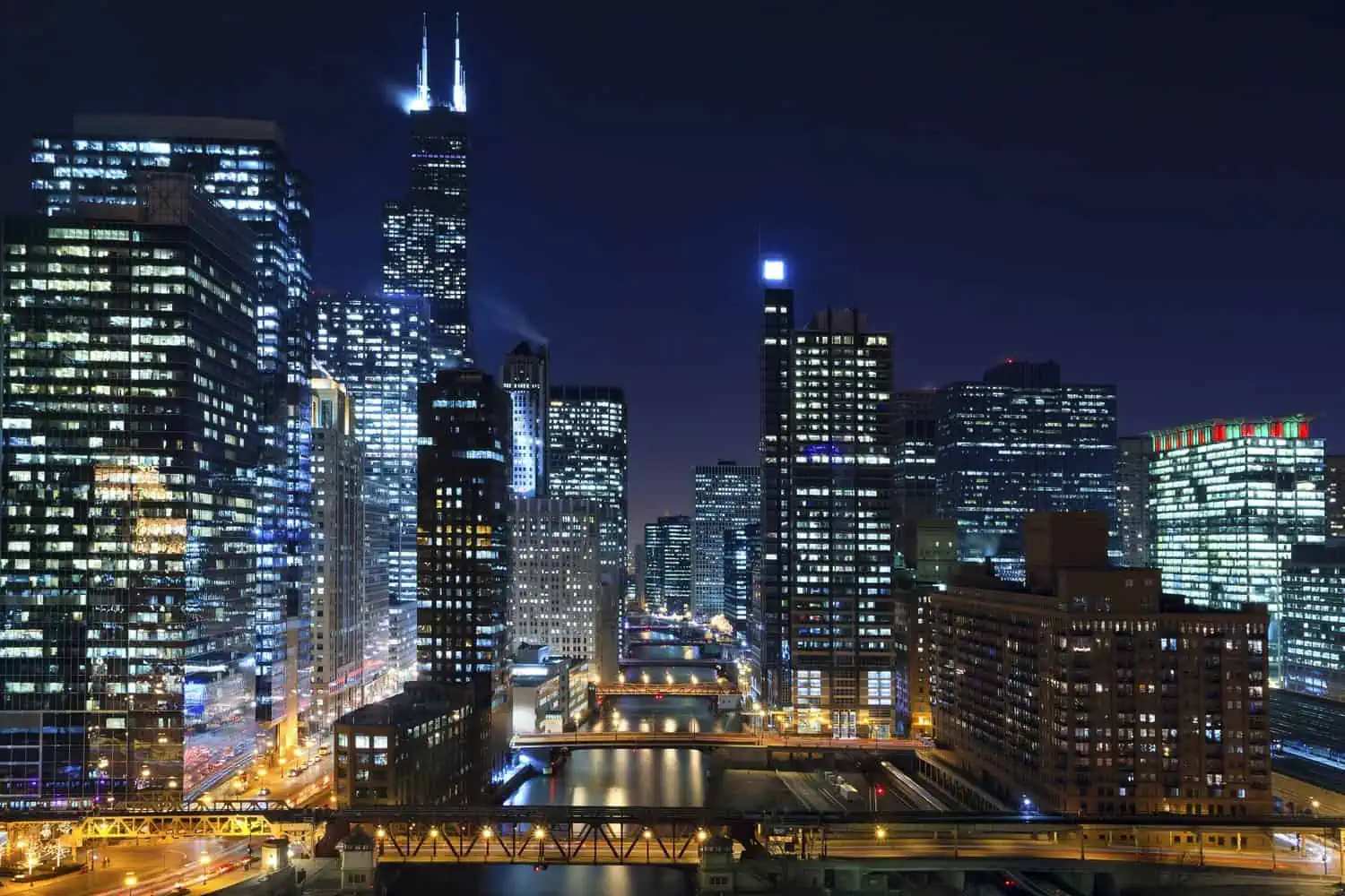 City skyscraper lights at night