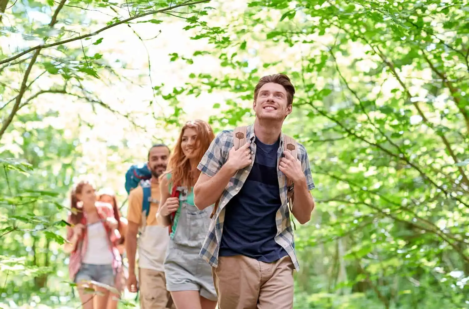 Group of friends with backpacks hiking in the forest