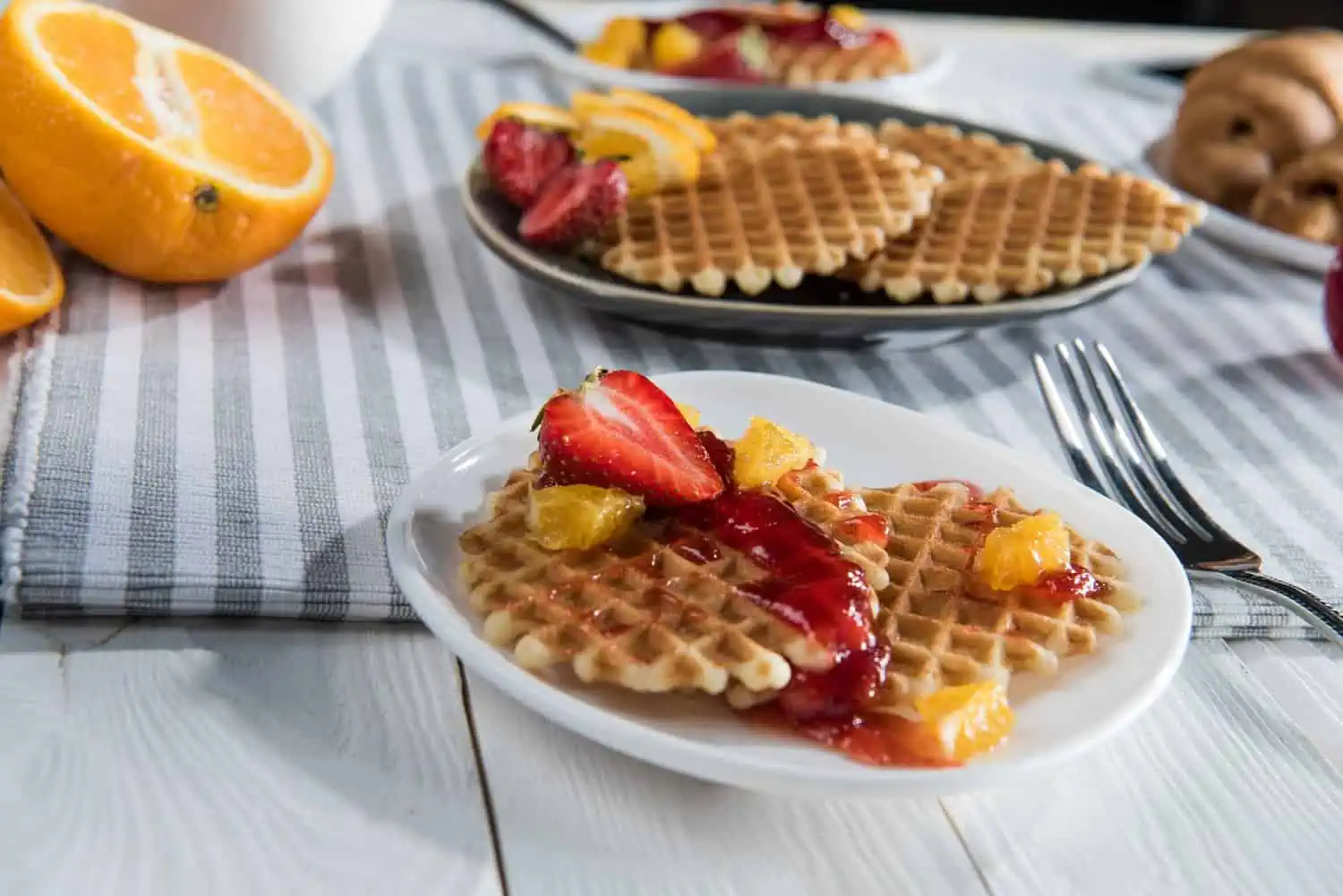 Healthy waffle breakfast with fruits