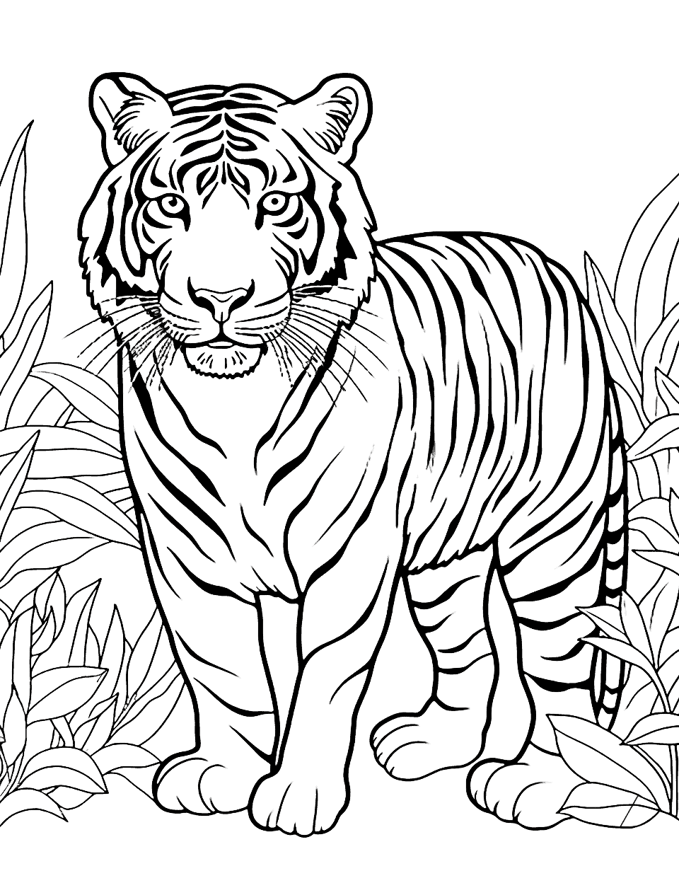 Tiger in the Jungle Coloring Page - A powerful tiger prowling through a lush green jungle.