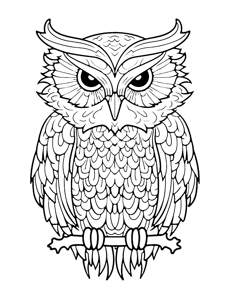 Difficult Owl Animal Coloring Page - A highly detailed and intricate owl design with complex patterns.