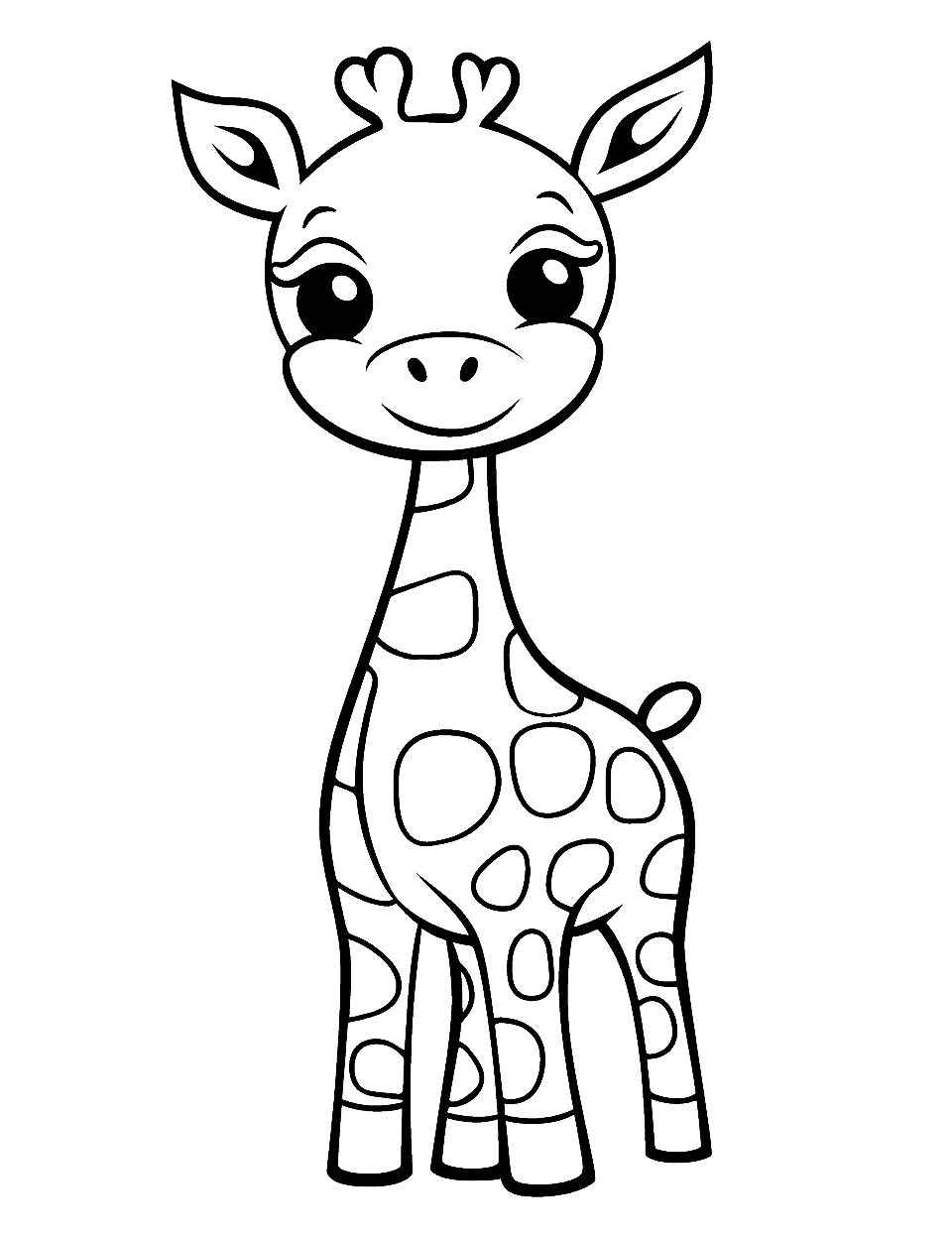 Chibi Giraffe Animal Coloring Page - A cute and chubby giraffe with a big smile on its face.