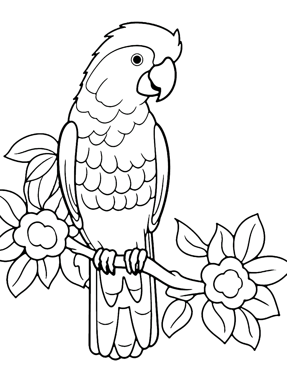 Colorful Parrot Animal Coloring Page - A vibrant parrot perched on a branch, surrounded by tropical flowers.