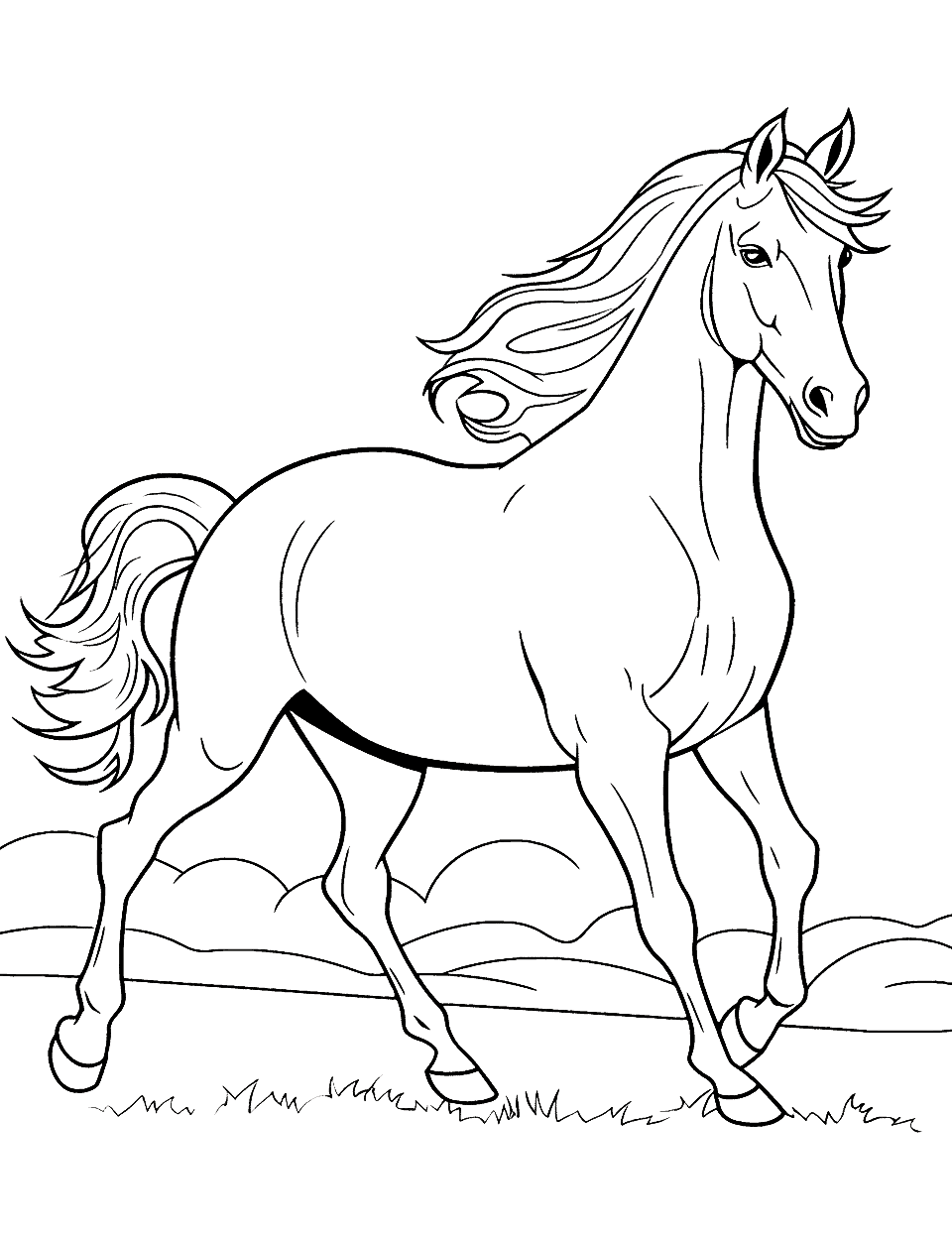 Majestic Horse Coloring Page - A regal horse galloping freely in an open field.