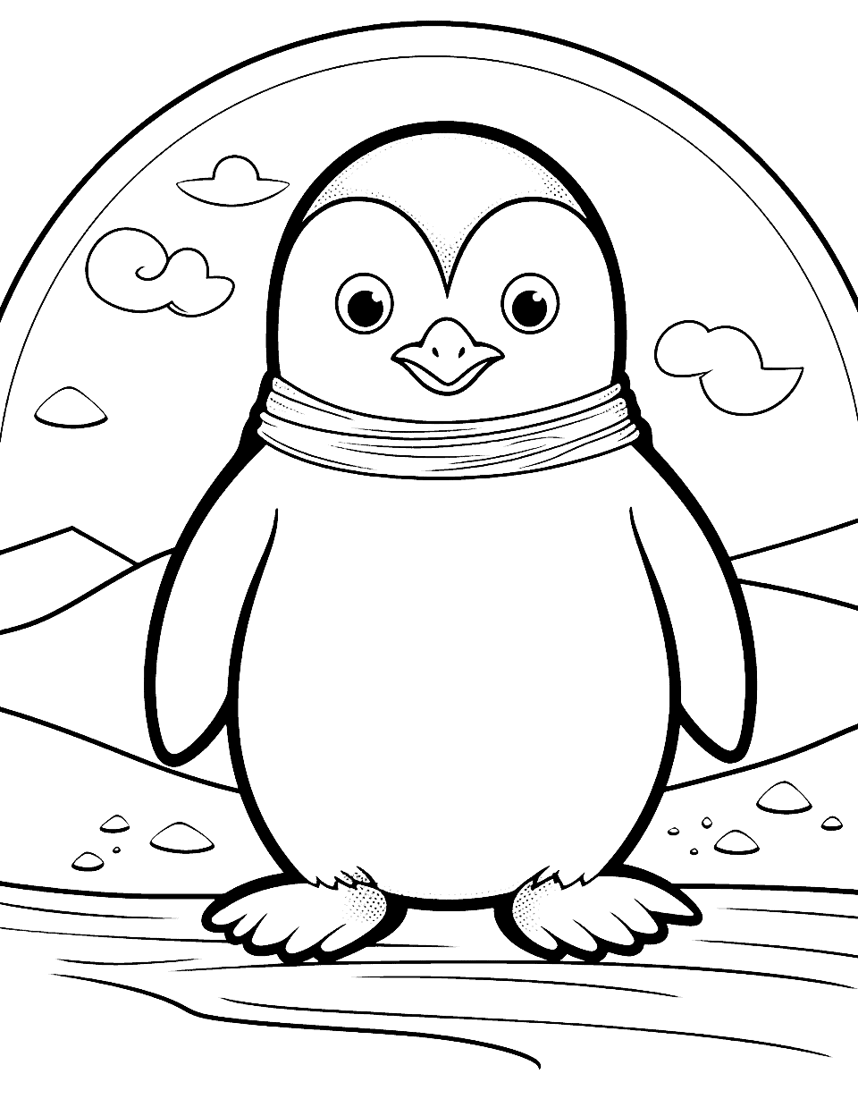 Cute Penguin Animal Coloring Page - A chubby penguin waddling on an icy landscape.