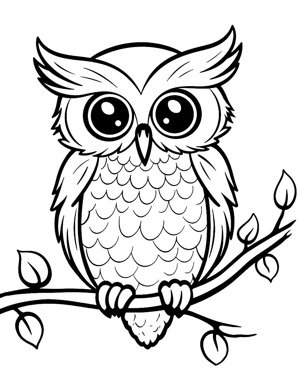 Wise Owl Coloring Page - An owl perched on a tree branch with a wise and knowledgeable expression.