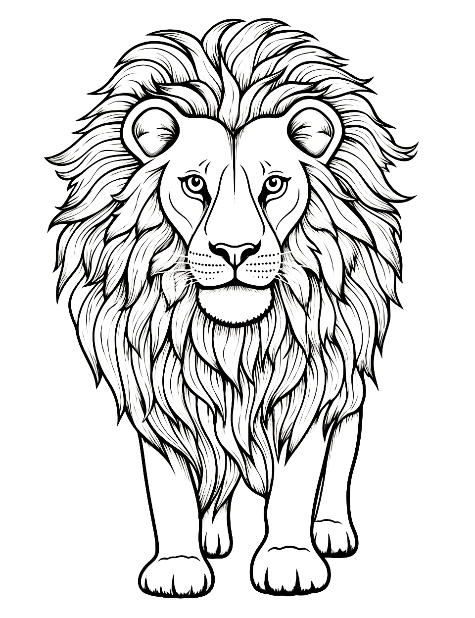 Realistic Lion Animal Coloring Page - A majestic lion with a flowing mane in its natural habitat.